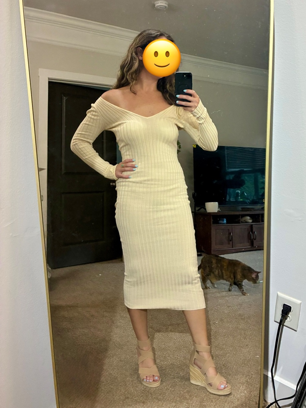 Fashion Nova Off-Shoulder Ribbed Midi Dress in Cream